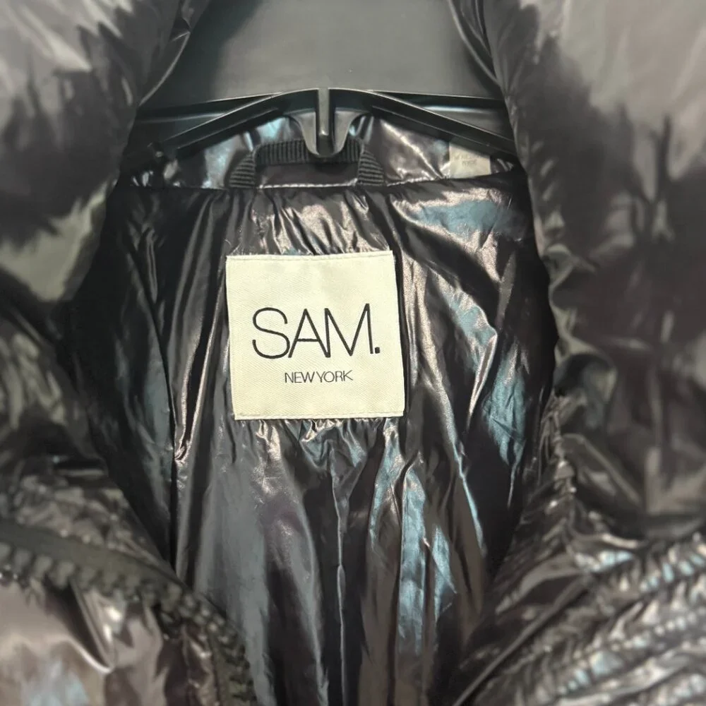 SAM. New York Glossy Down Puffer Jacket L Black/Charcoal | $395 Retail - Picture 7 of 10